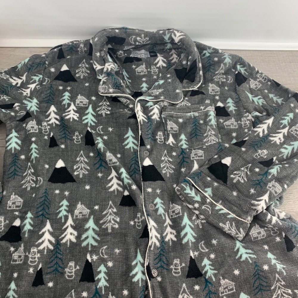 Alexander Del Rossa Mens Fleece Pajama Set Gray Winter Mountain Print 3XLT